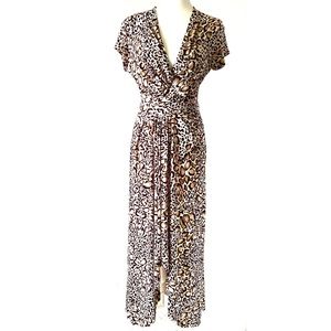 IMAN Tie Waist High/Low Dress Leopard Print Brown